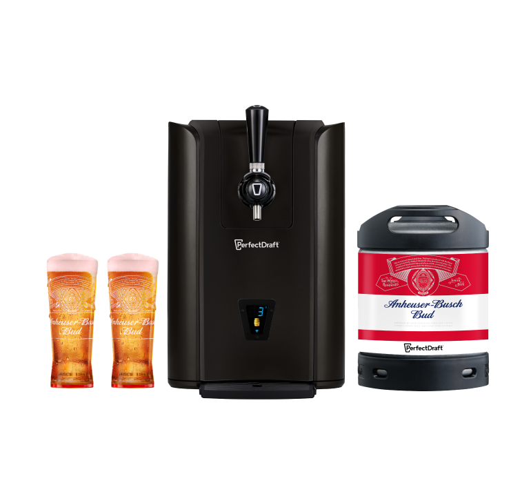 PerfectDraft Pro Black Zapfanlage mit Anheuser-Busch Bud Fass und 2 Gläser 0.5L